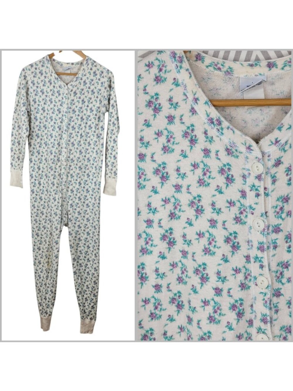 Vtg Duofold Floral Union Suit Womens Medium Tall Drop Seat Trap Door Long Johns